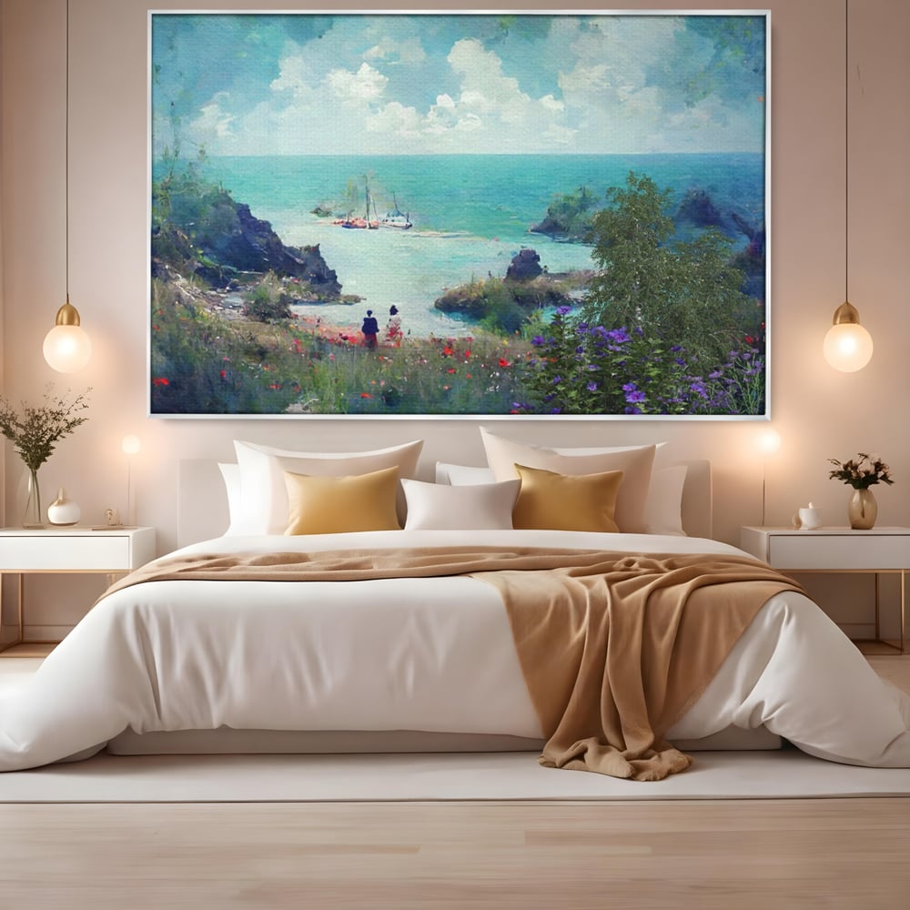 Tablou canvas cu pictura peisaj marin cu oameni si flori, in rama de aluminiu argintiu, pe perete intr-un dormitor