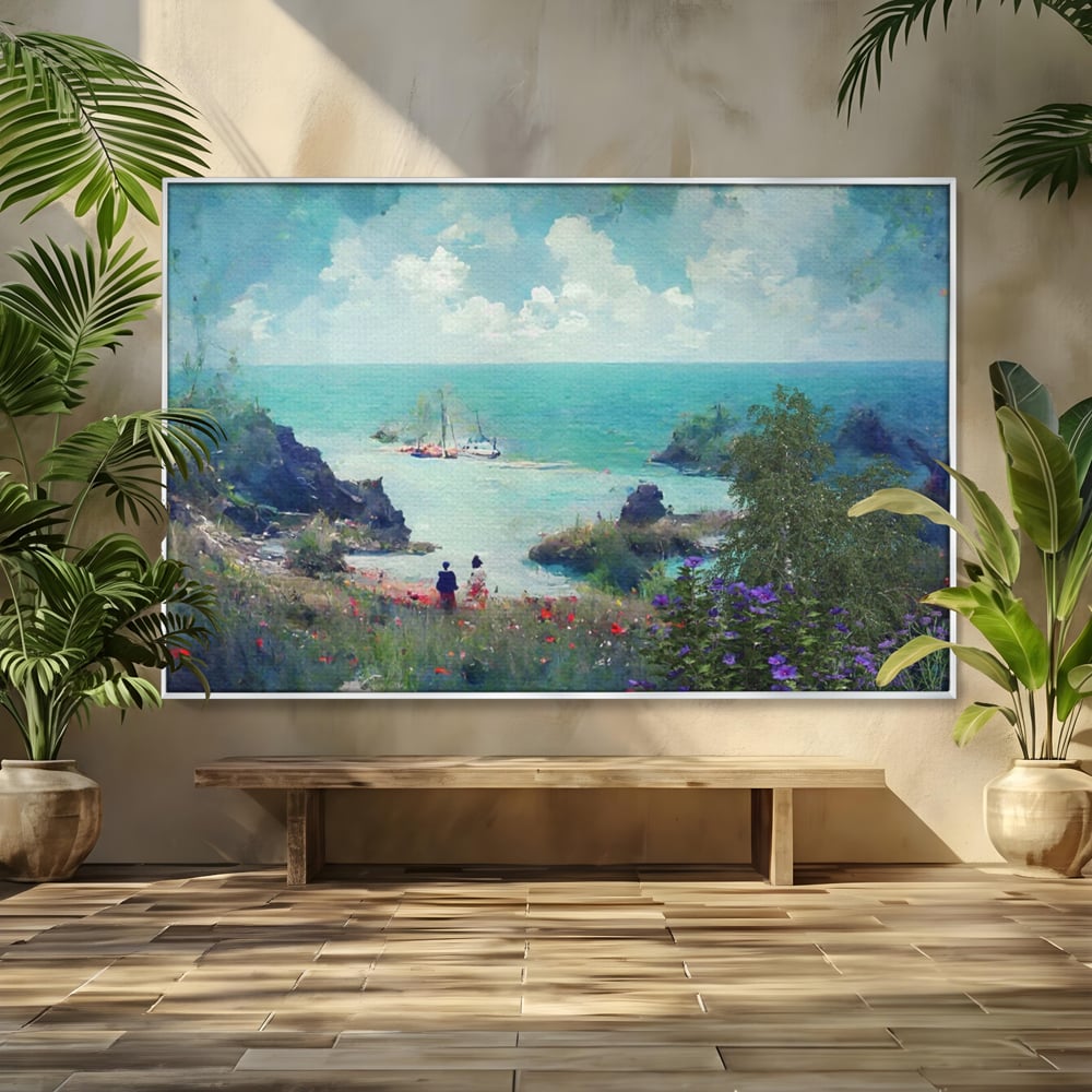 Tablou canvas cu pictura peisaj marin cu oameni si flori, in rama de aluminiu argintiu