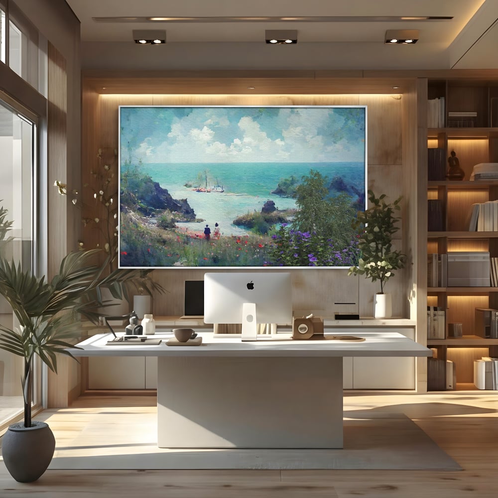 Tablou canvas cu pictura peisaj marin cu oameni si flori, in rama de aluminiu argintiu, pe perete intr-un birou