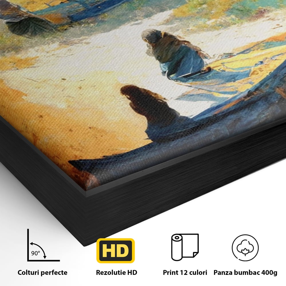 Detaliu al suprafetei: tablou canvas cu femei pe plaja si barci, in rama de aluminiu negru