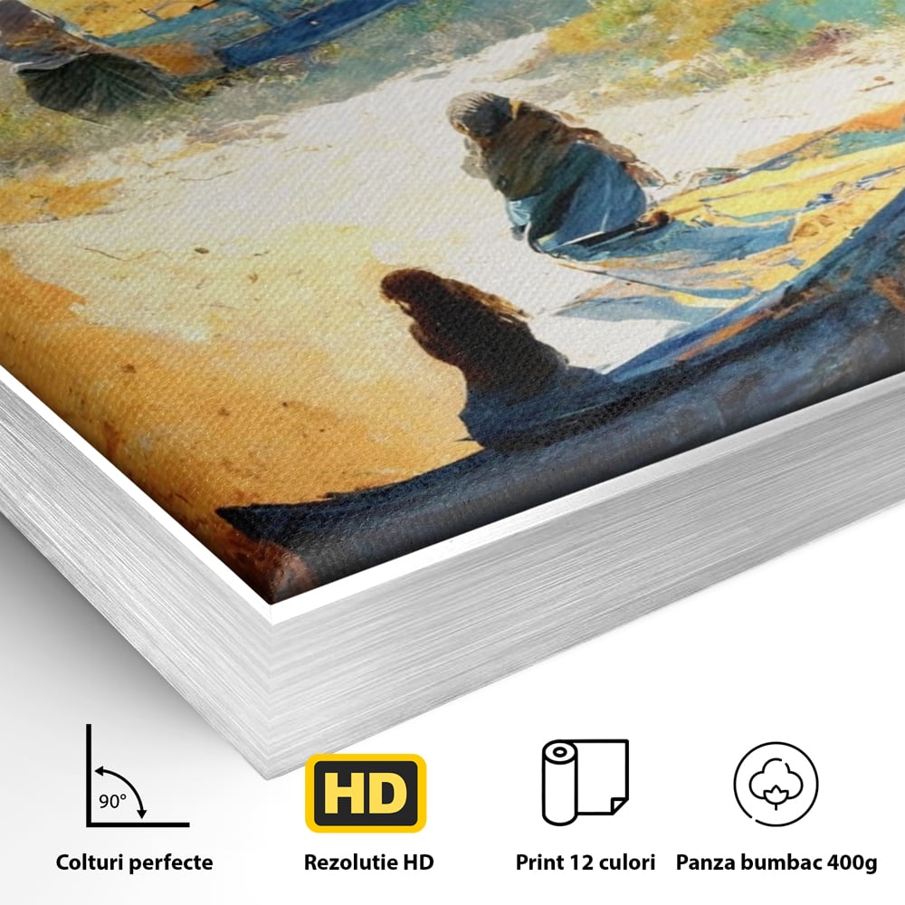 Detaliu al suprafetei: tablou canvas cu femei pe plaja si barci, in rama de aluminiu argintiu