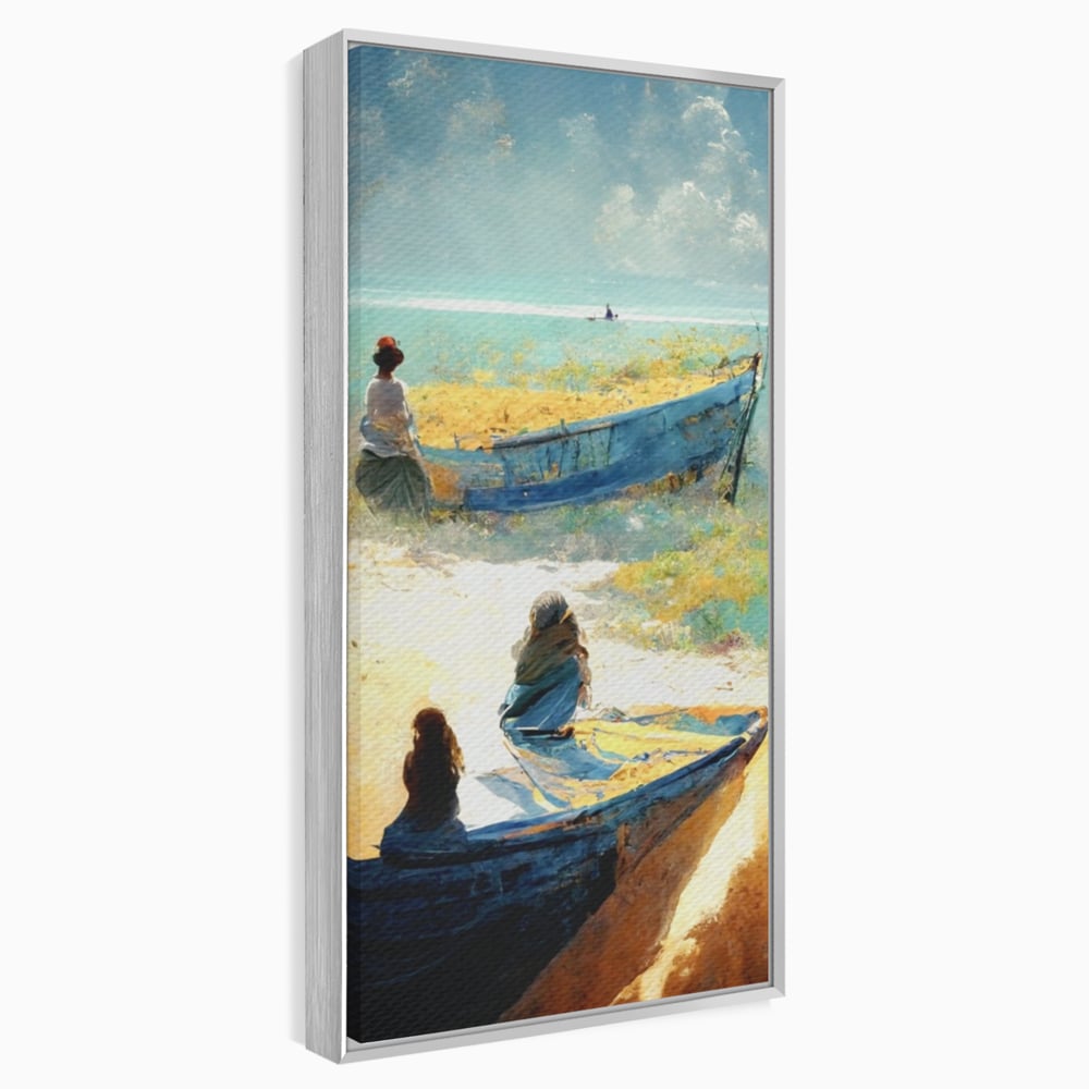 Tablou canvas cu tablou canvas cu femei pe plaja si barci, in rama de aluminiu argintiu