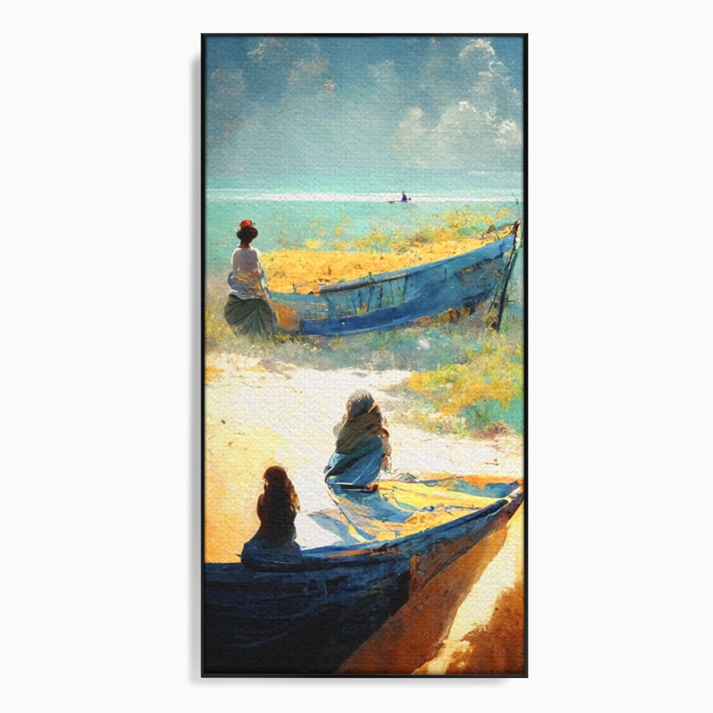 Tablou canvas cu tablou canvas cu femei pe plaja si barci, in rama de aluminiu negru