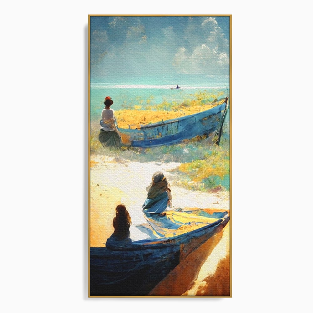 Tablou canvas cu tablou canvas cu femei pe plaja si barci, in rama de aluminiu auriu