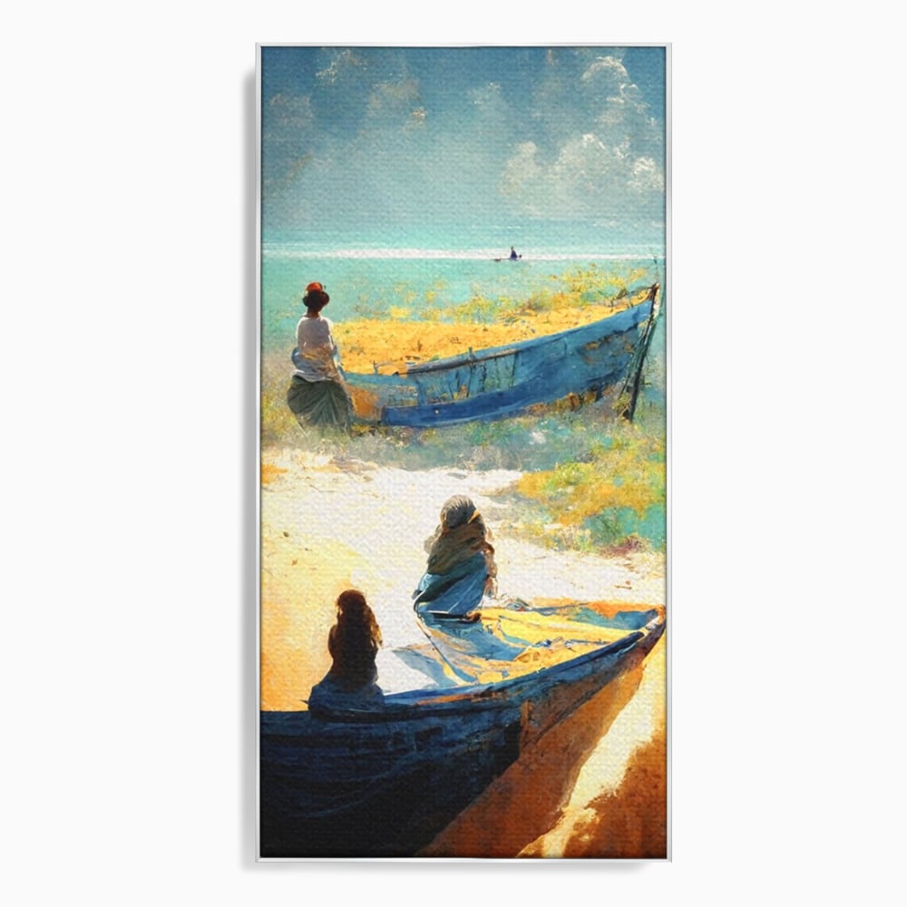 Tablou canvas cu tablou canvas cu femei pe plaja si barci, in rama de aluminiu argintiu