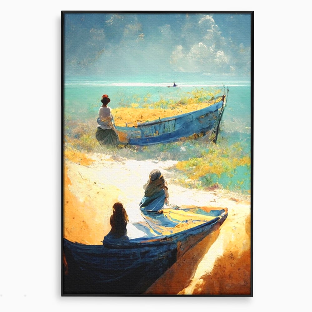 Tablou canvas cu tablou canvas cu femei pe plaja si barci, in rama de aluminiu negru