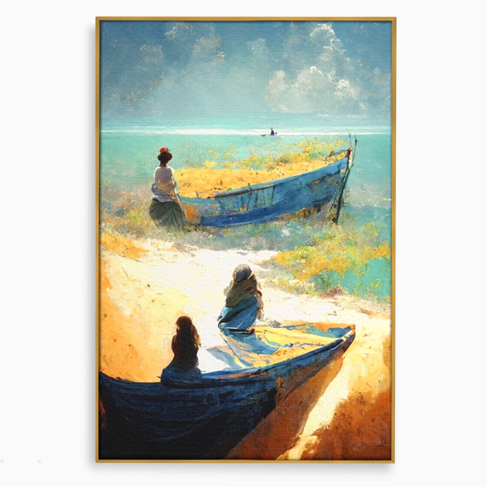 Tablou canvas cu tablou canvas cu femei pe plaja si barci, in rama de aluminiu auriu