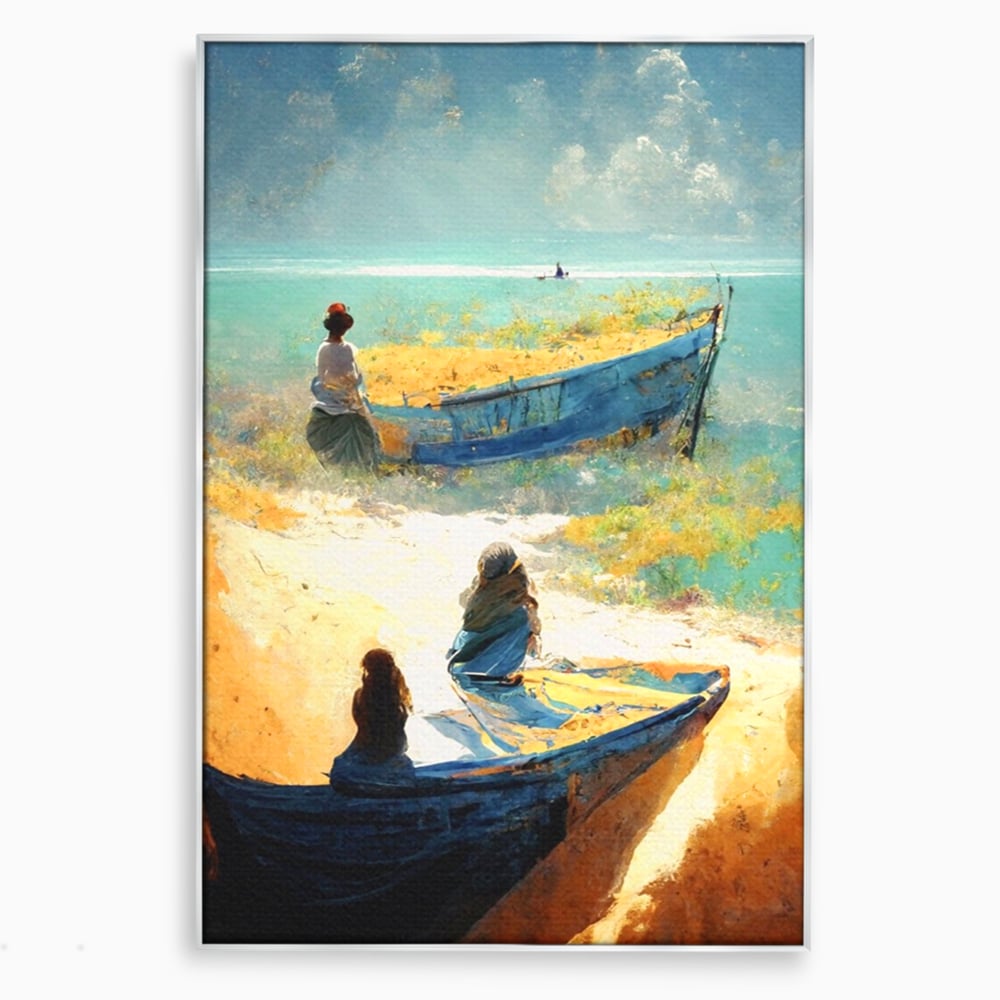 Tablou canvas cu tablou canvas cu femei pe plaja si barci, in rama de aluminiu argintiu
