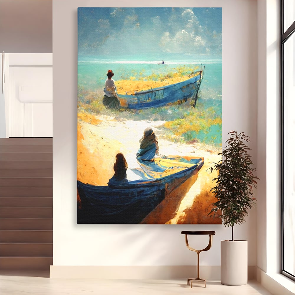 Tablou canvas cu tablou canvas cu femei pe plaja si barci, fara rama, pe sasiu de lemn