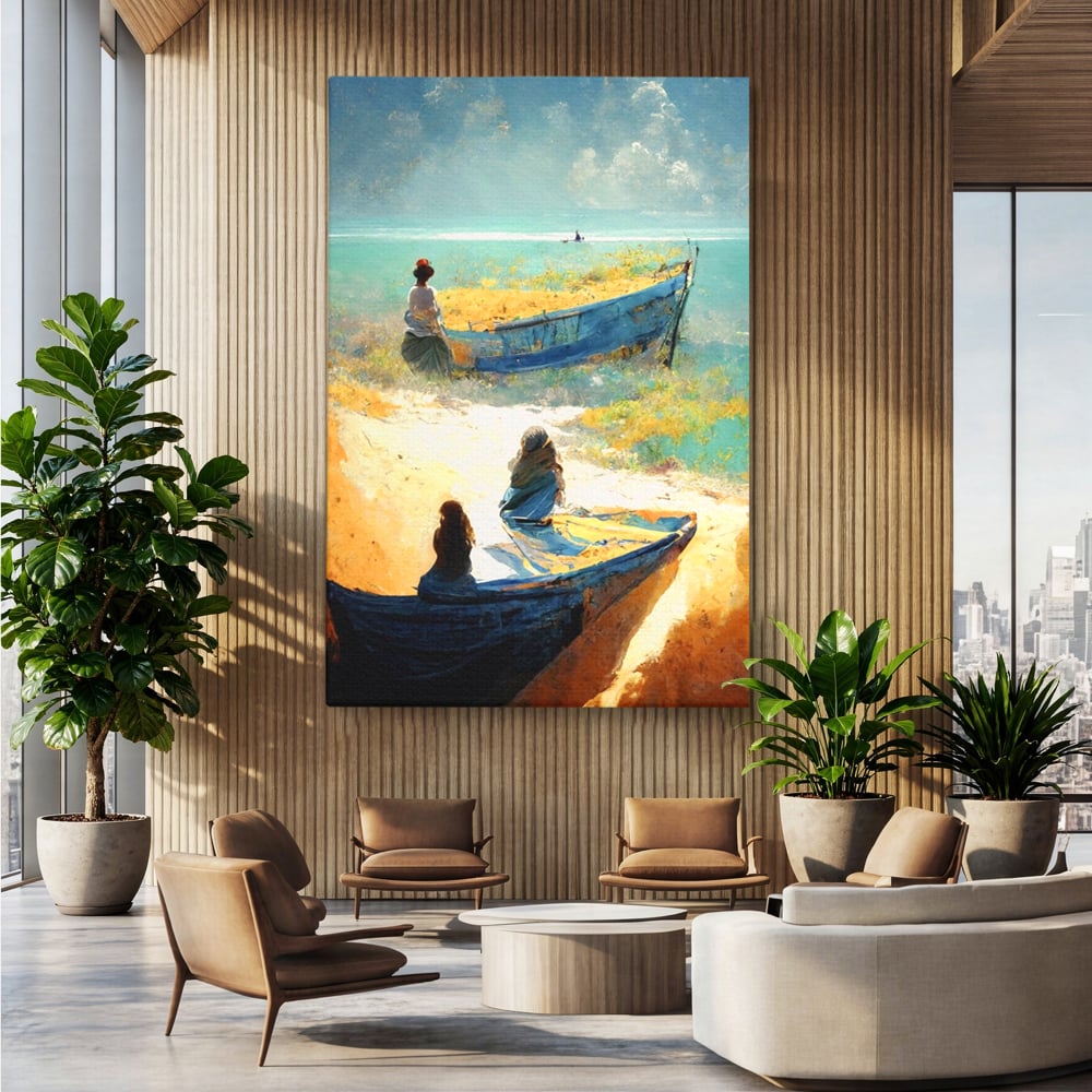 Tablou canvas cu tablou canvas cu femei pe plaja si barci, fara rama, pe sasiu de lemn, pe perete intr-un birou