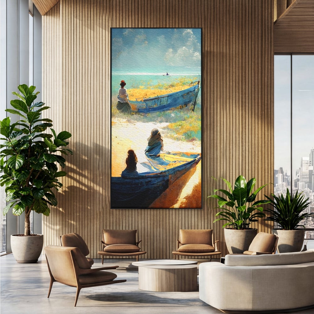 Tablou canvas cu tablou canvas cu femei pe plaja si barci, in rama de aluminiu negru, pe perete intr-un birou