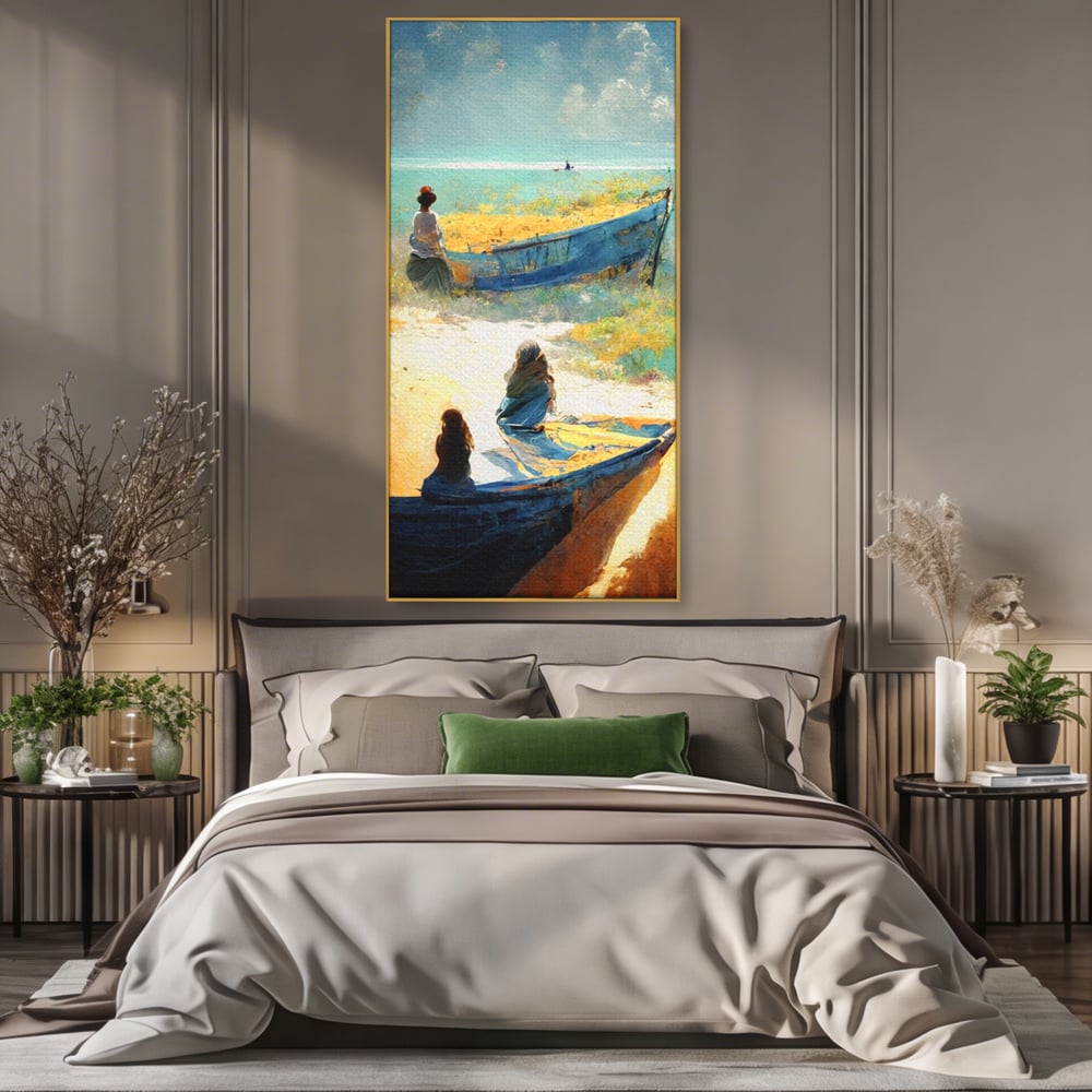 Tablou canvas cu tablou canvas cu femei pe plaja si barci, in rama de aluminiu auriu, pe perete intr-un dormitor