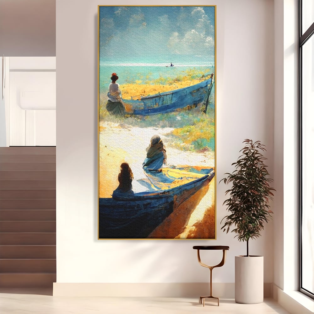 Tablou canvas cu tablou canvas cu femei pe plaja si barci, in rama de aluminiu auriu