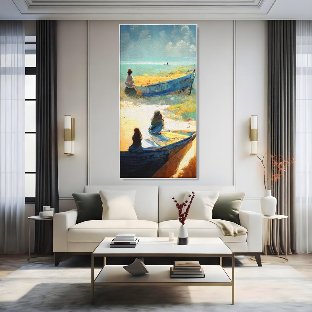 Tablou canvas cu tablou canvas cu femei pe plaja si barci, in rama de aluminiu argintiu, pe perete intr-un living