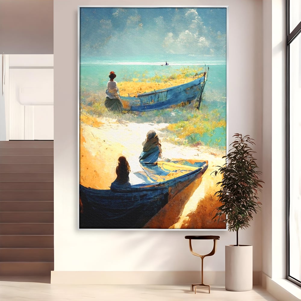 Tablou canvas cu tablou canvas cu femei pe plaja si barci, in rama de aluminiu argintiu