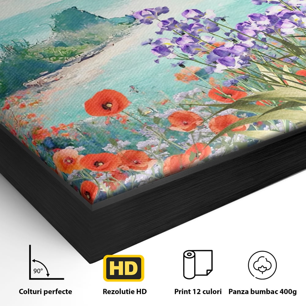 Detaliu al suprafetei: tablou canvas cu maci si flori violet, in rama de aluminiu negru
