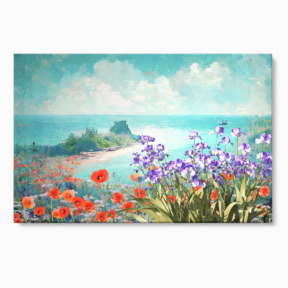 Tablou canvas cu tablou canvas cu maci si flori violet, fara rama, pe sasiu de lemn