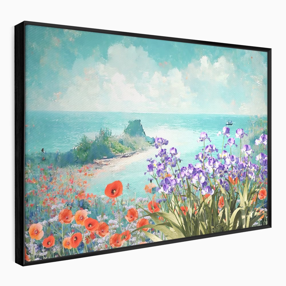 Tablou canvas cu tablou canvas cu maci si flori violet, in rama de aluminiu negru
