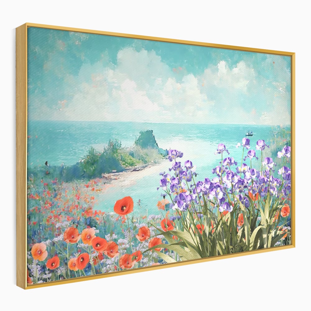 Tablou canvas cu tablou canvas cu maci si flori violet, in rama de aluminiu auriu