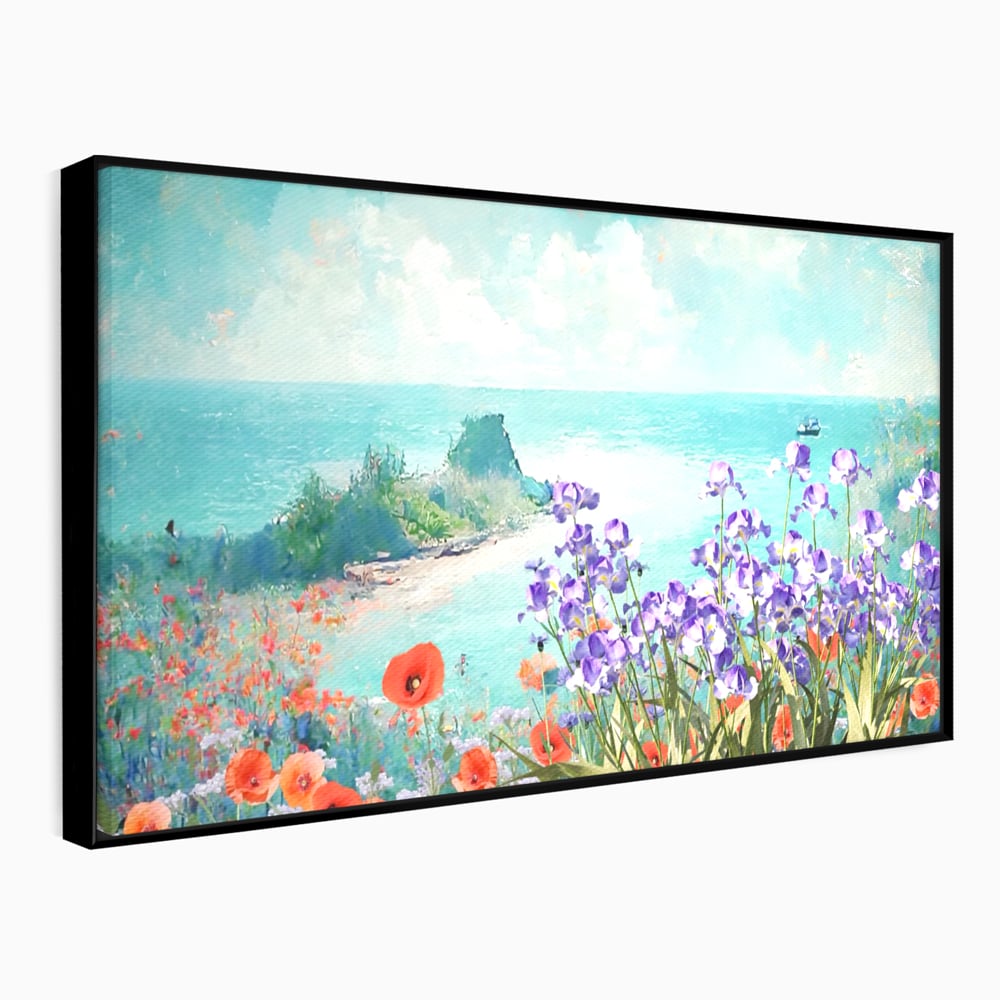 Tablou canvas cu tablou canvas cu maci si flori violet, in rama de aluminiu negru