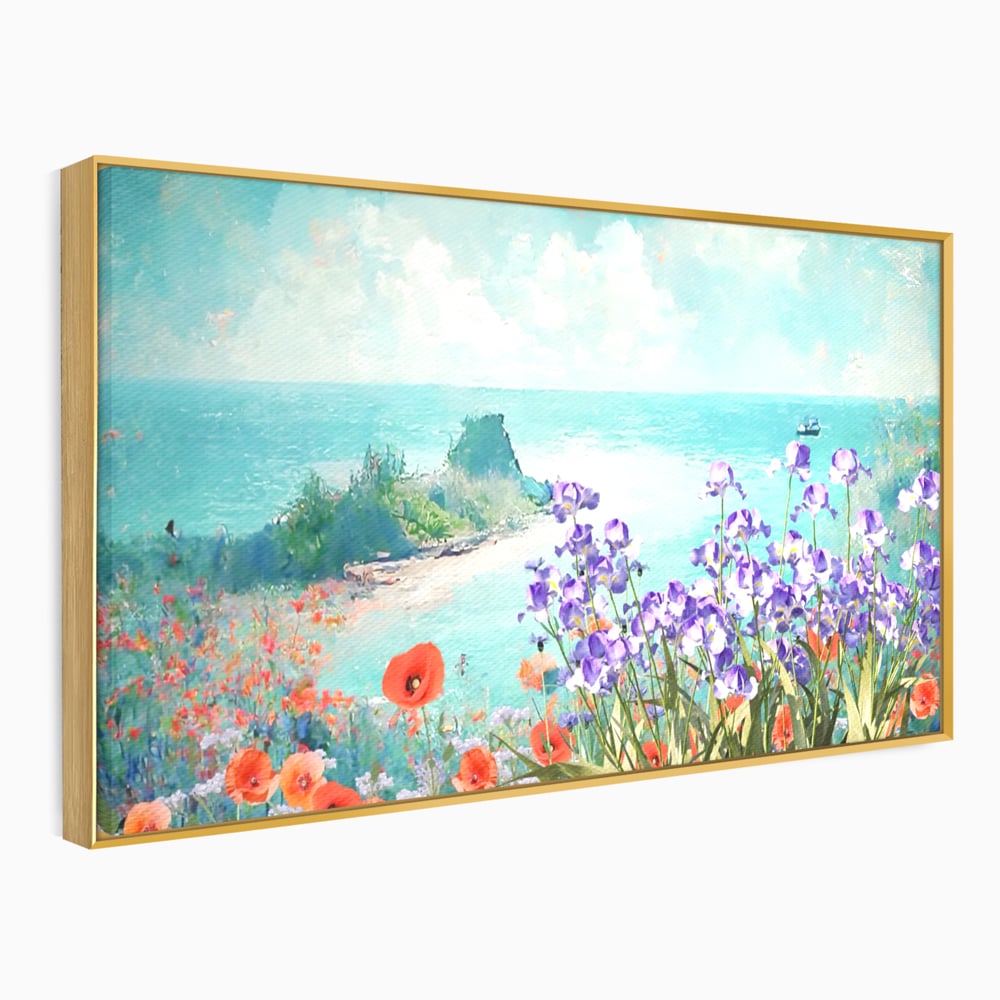 Tablou canvas cu tablou canvas cu maci si flori violet, in rama de aluminiu auriu