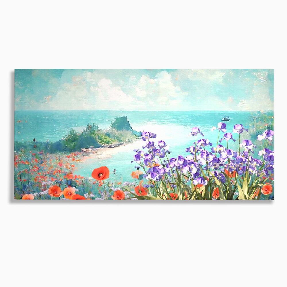 Tablou canvas cu tablou canvas cu maci si flori violet, fara rama, pe sasiu de lemn