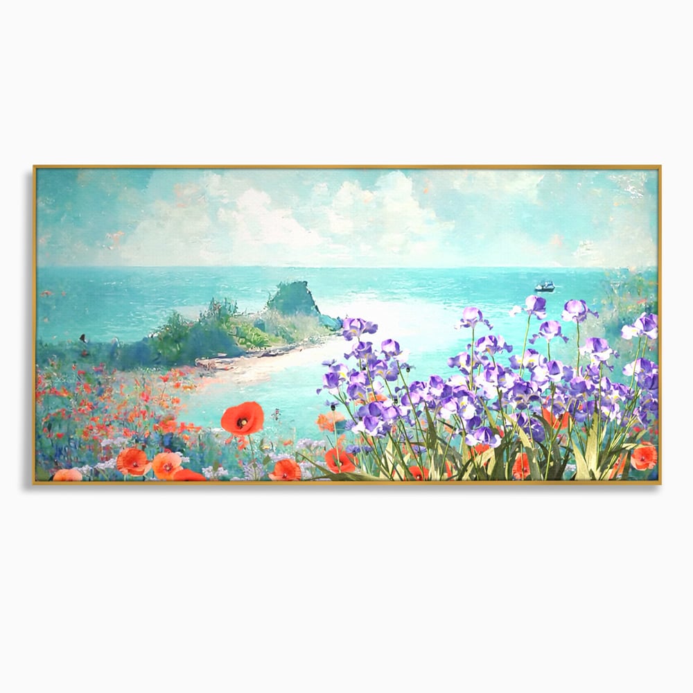 Tablou canvas cu tablou canvas cu maci si flori violet, in rama de aluminiu auriu