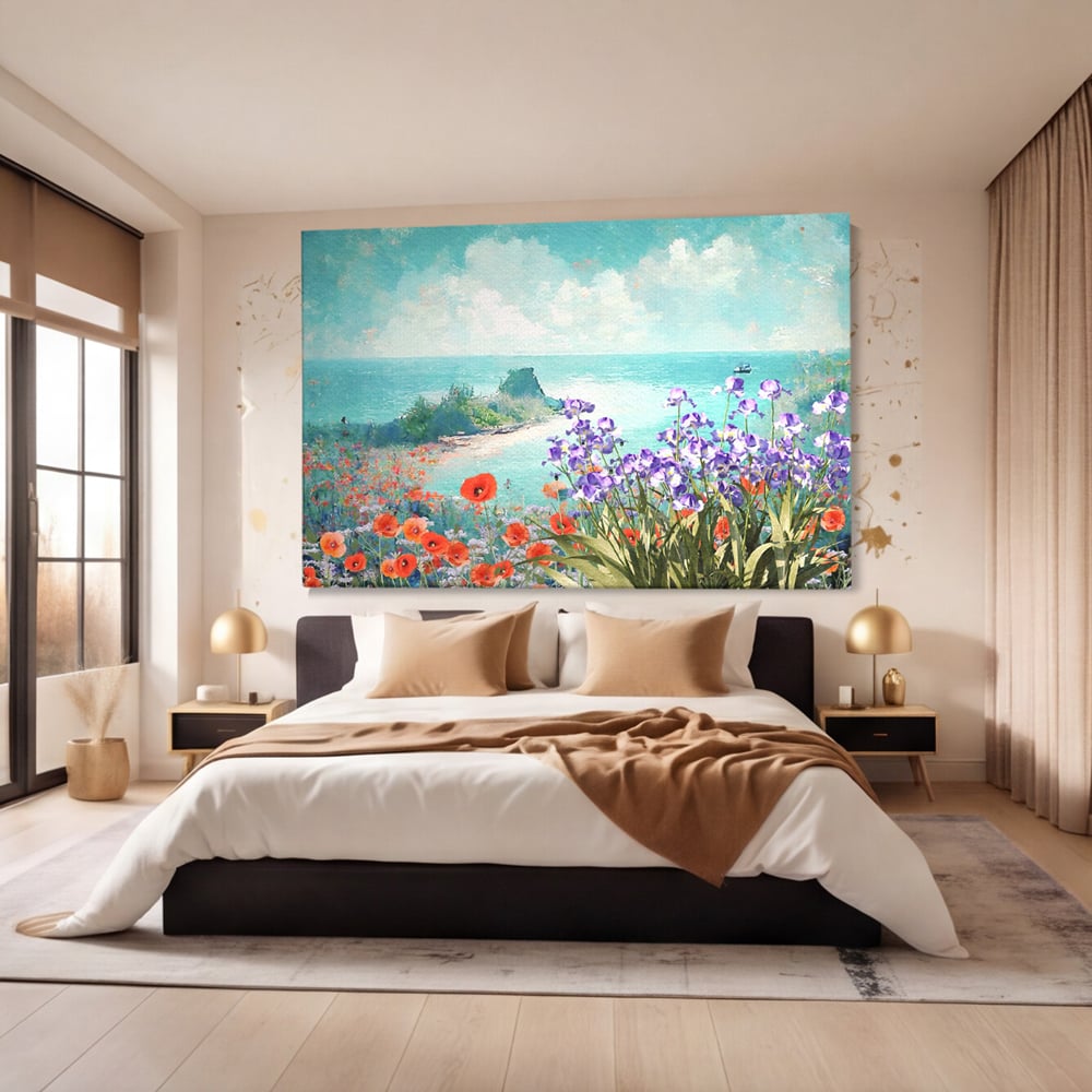 Tablou canvas cu tablou canvas cu maci si flori violet, fara rama, pe sasiu de lemn, pe perete intr-un dormitor