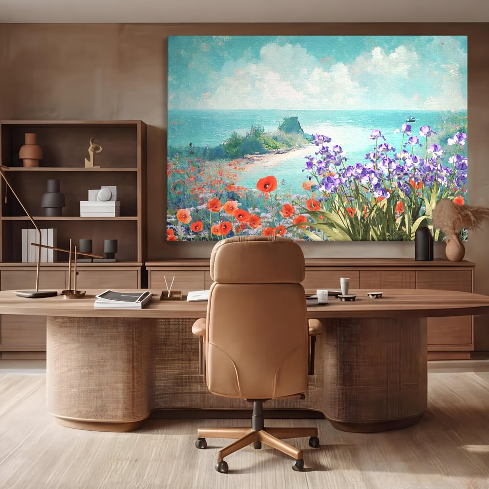 Tablou canvas cu tablou canvas cu maci si flori violet, fara rama, pe sasiu de lemn, pe perete intr-un birou
