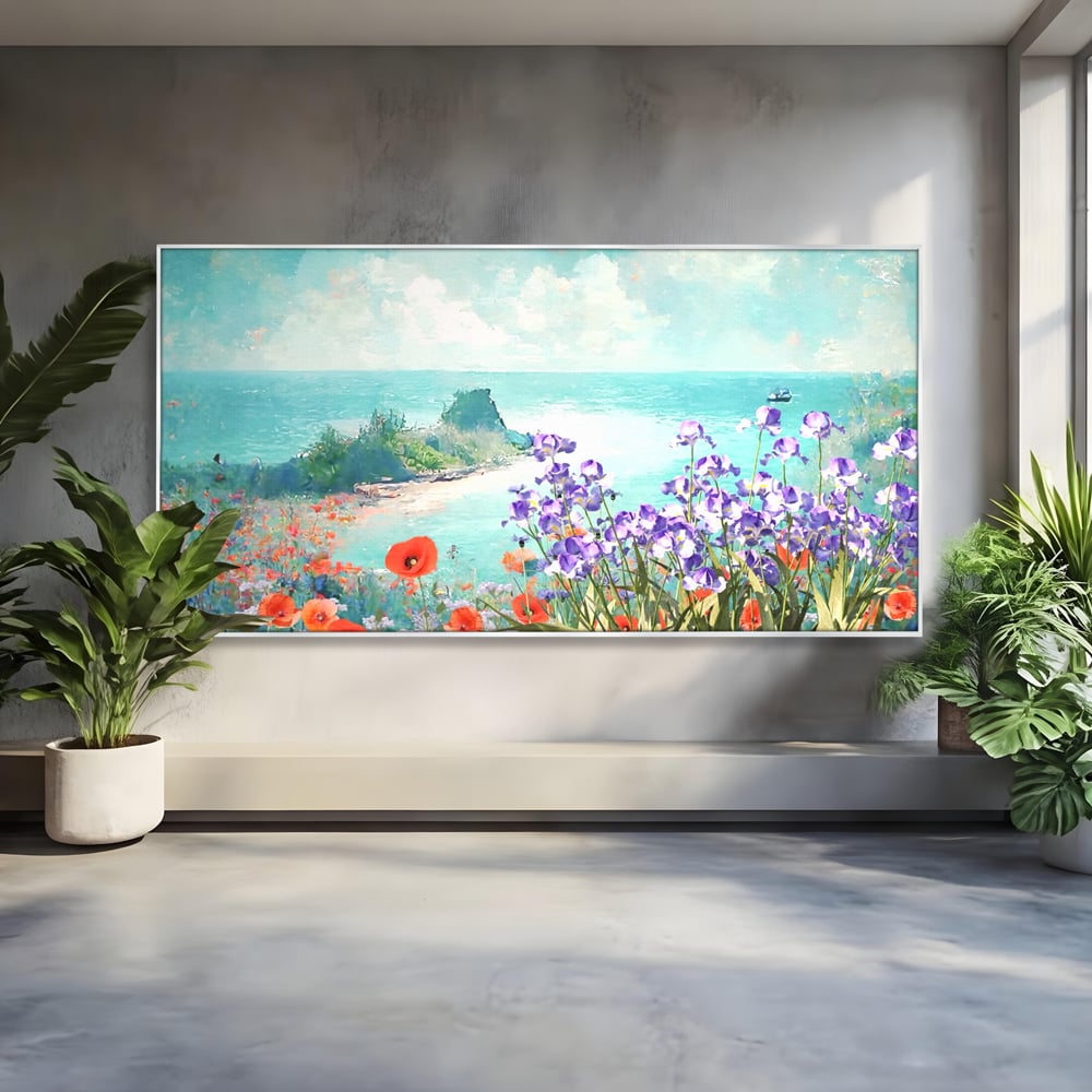 Tablou canvas cu tablou canvas cu maci si flori violet, in rama de aluminiu argintiu