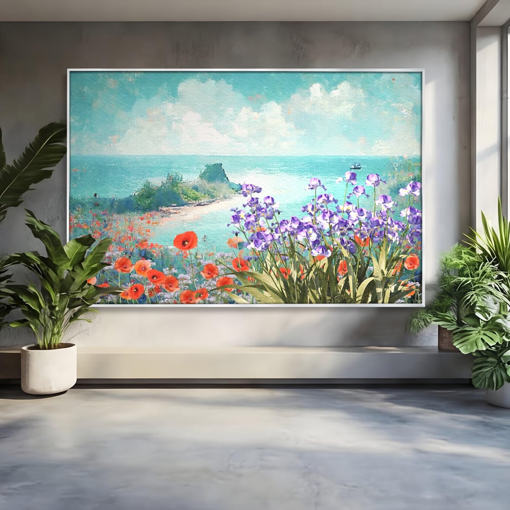Tablou canvas cu tablou canvas cu maci si flori violet, in rama de aluminiu argintiu