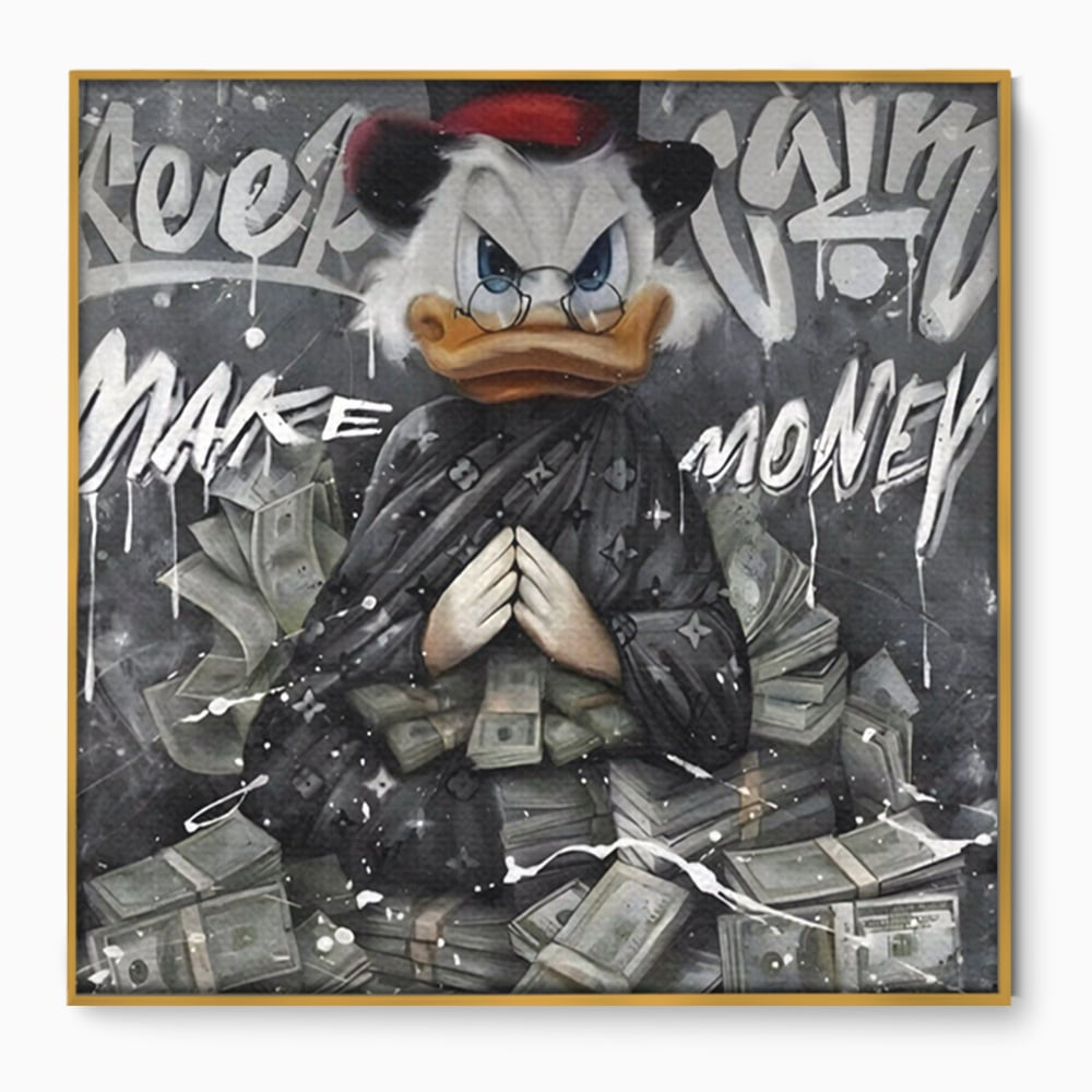 Tablou canvas cu tablou canvas cu scrooge mcduck si teancuri de bani, in rama de aluminiu auriu