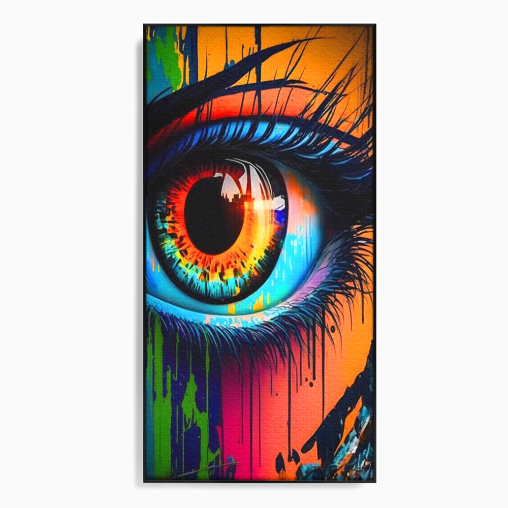 Tablou canvas cu tablou canvas cu ochi uman si graffiti, in rama de aluminiu negru