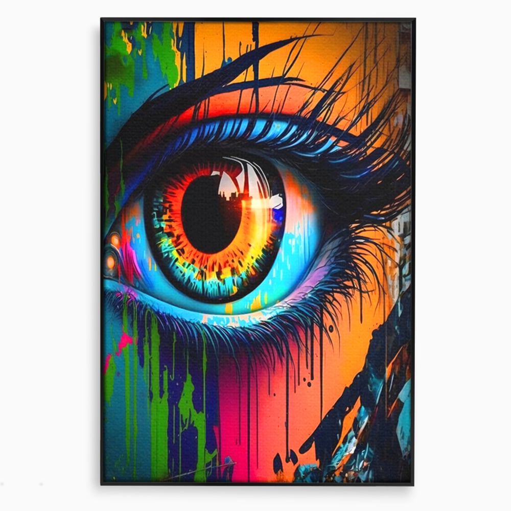 Tablou canvas cu tablou canvas cu ochi uman si graffiti, in rama de aluminiu negru