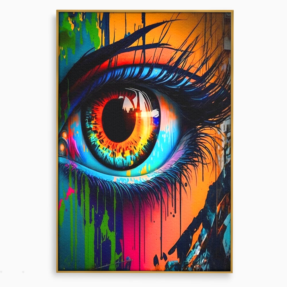 Tablou canvas cu tablou canvas cu ochi uman si graffiti, in rama de aluminiu auriu