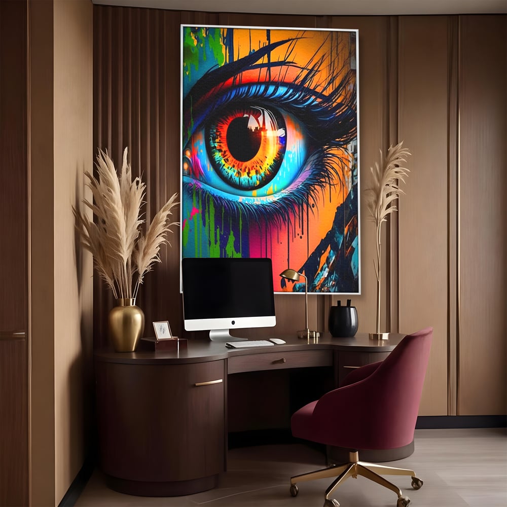Tablou canvas cu tablou canvas cu ochi uman si graffiti, in rama de aluminiu argintiu, pe perete intr-un birou
