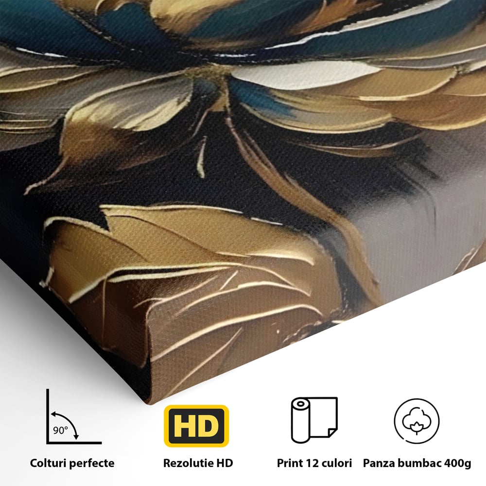 Detaliu al suprafetei: tablou canvas cu floare aurie, fara rama, pe sasiu de lemn