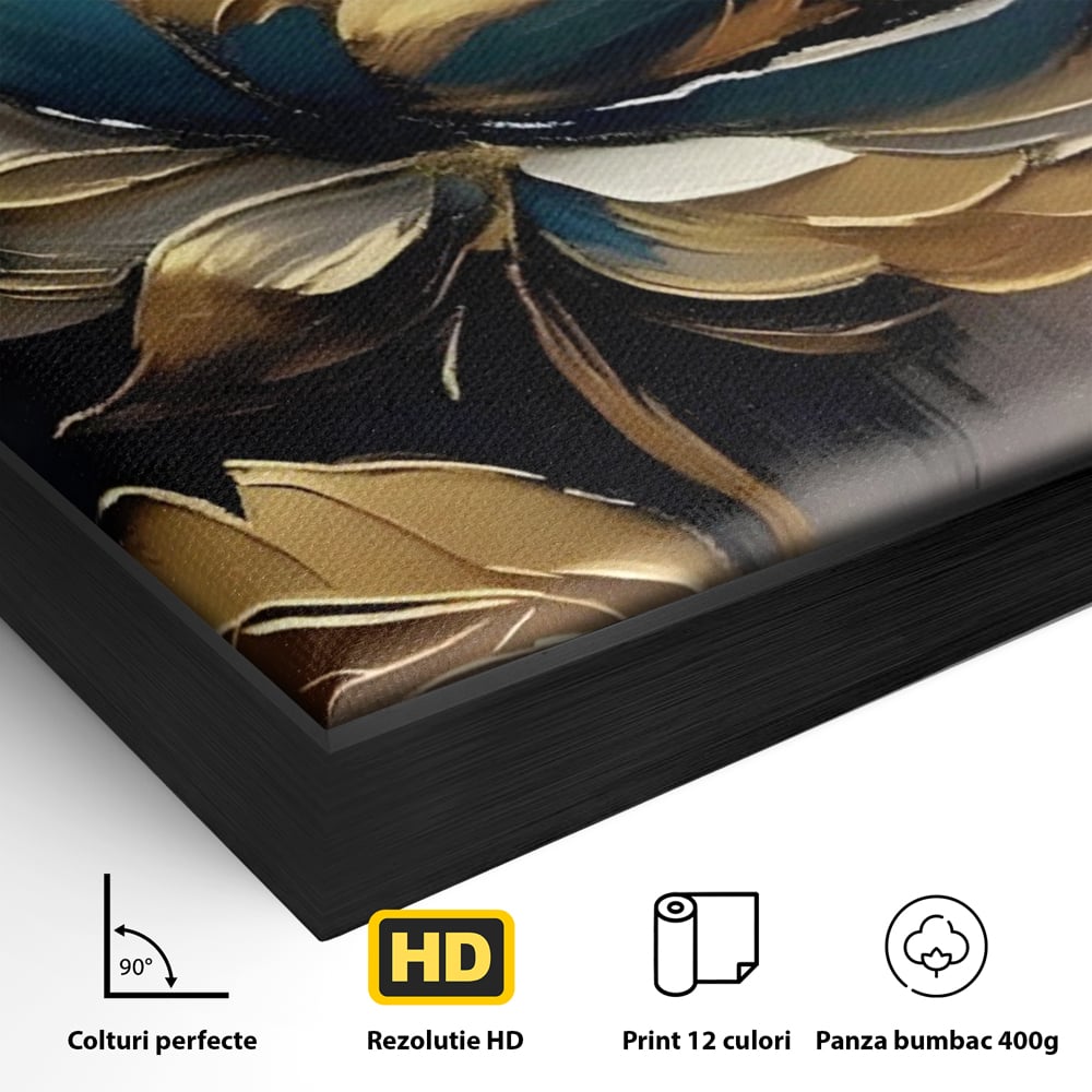 Detaliu al suprafetei: tablou canvas cu floare aurie, in rama de aluminiu negru