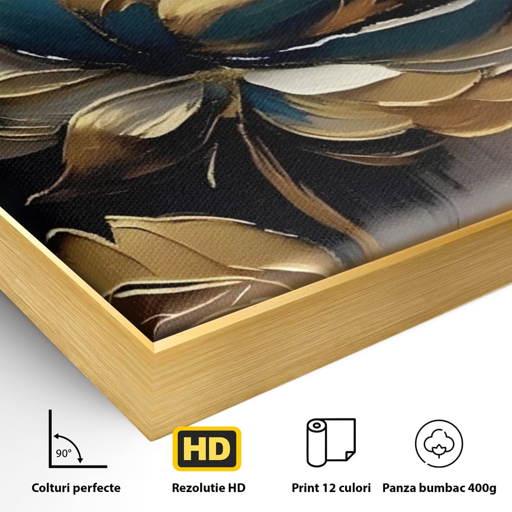 Detaliu al suprafetei: tablou canvas cu floare aurie, in rama de aluminiu auriu