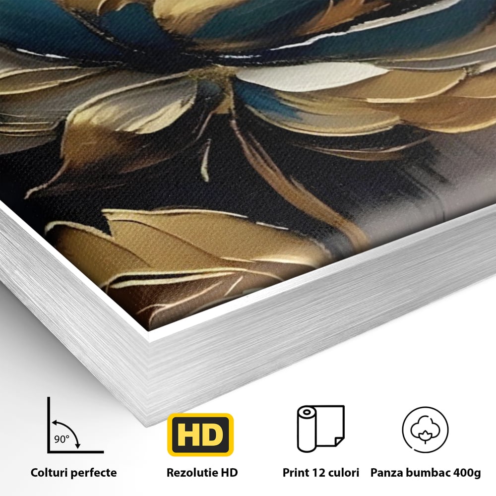 Detaliu al suprafetei: tablou canvas cu floare aurie, in rama de aluminiu argintiu