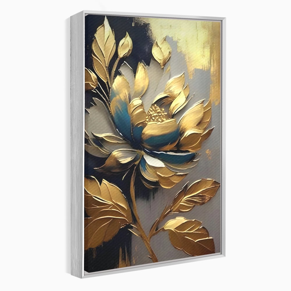 Tablou canvas cu tablou canvas cu floare aurie, in rama de aluminiu argintiu