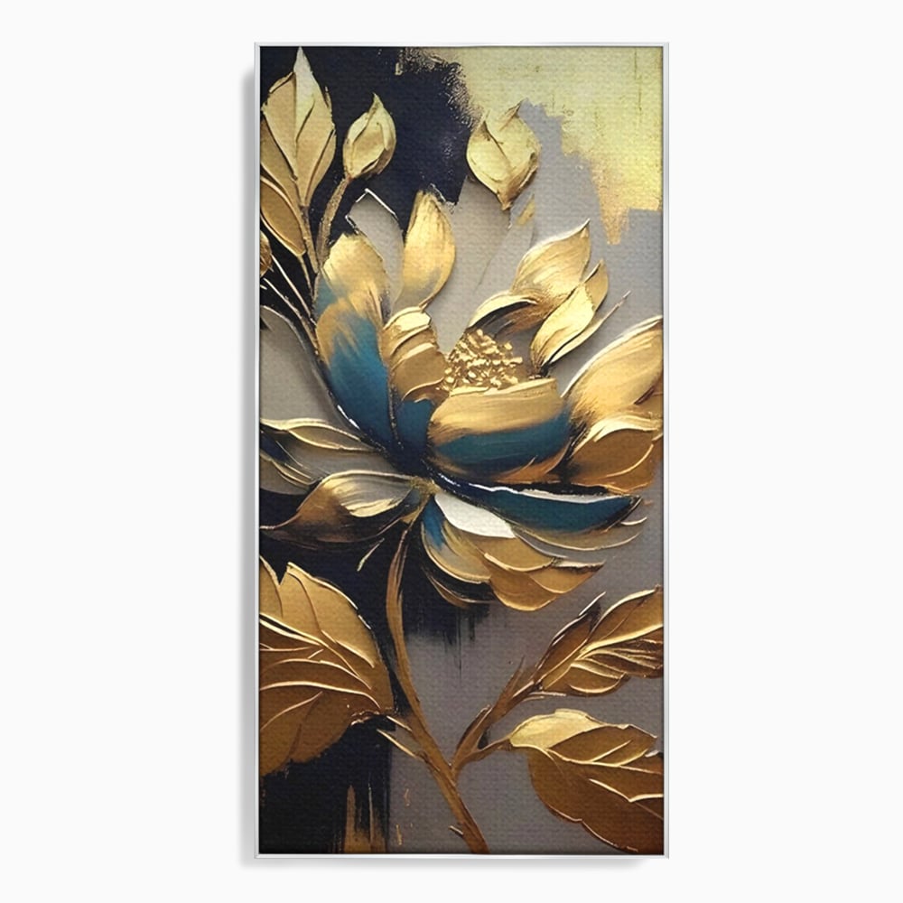 Tablou canvas cu tablou canvas cu floare aurie, in rama de aluminiu argintiu