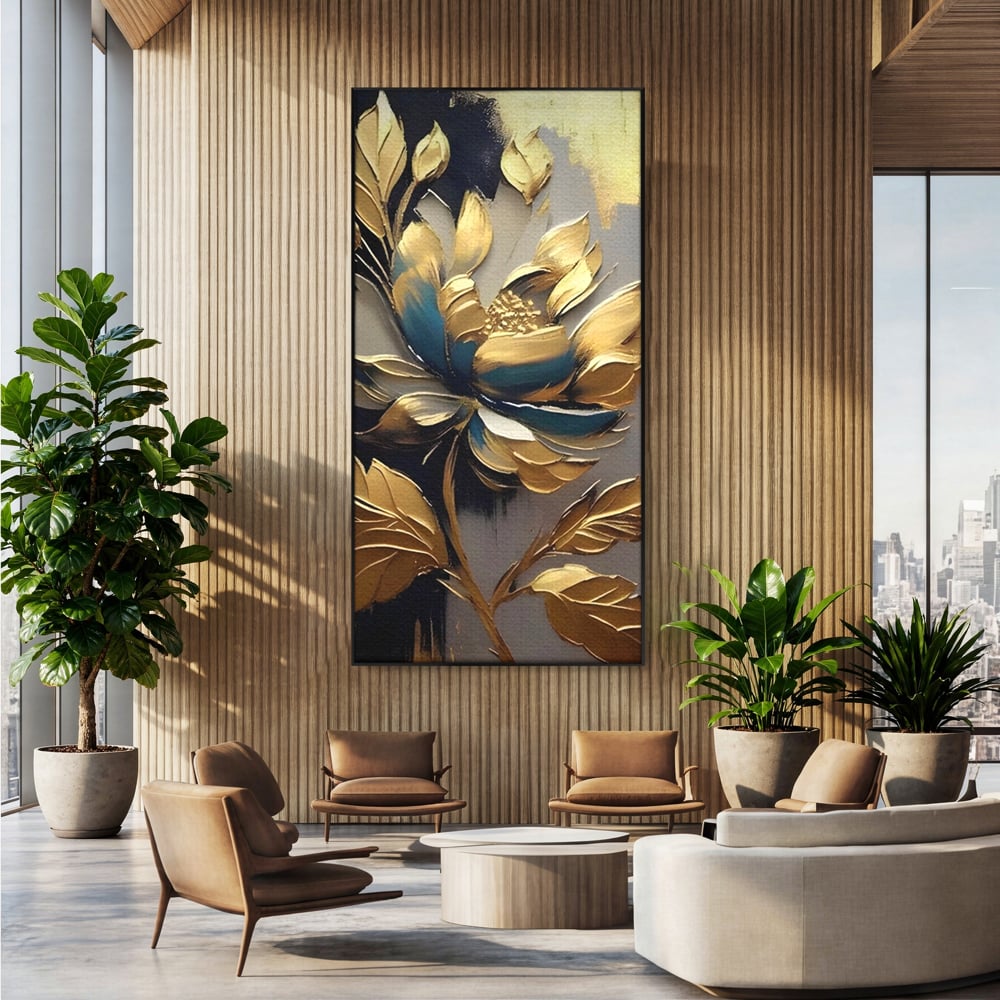 Tablou canvas cu tablou canvas cu floare aurie, in rama de aluminiu negru, pe perete intr-un birou