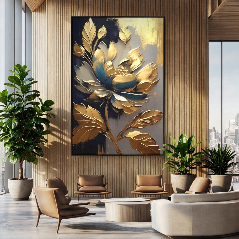 Tablou canvas cu tablou canvas cu floare aurie, in rama de aluminiu negru, pe perete intr-un birou