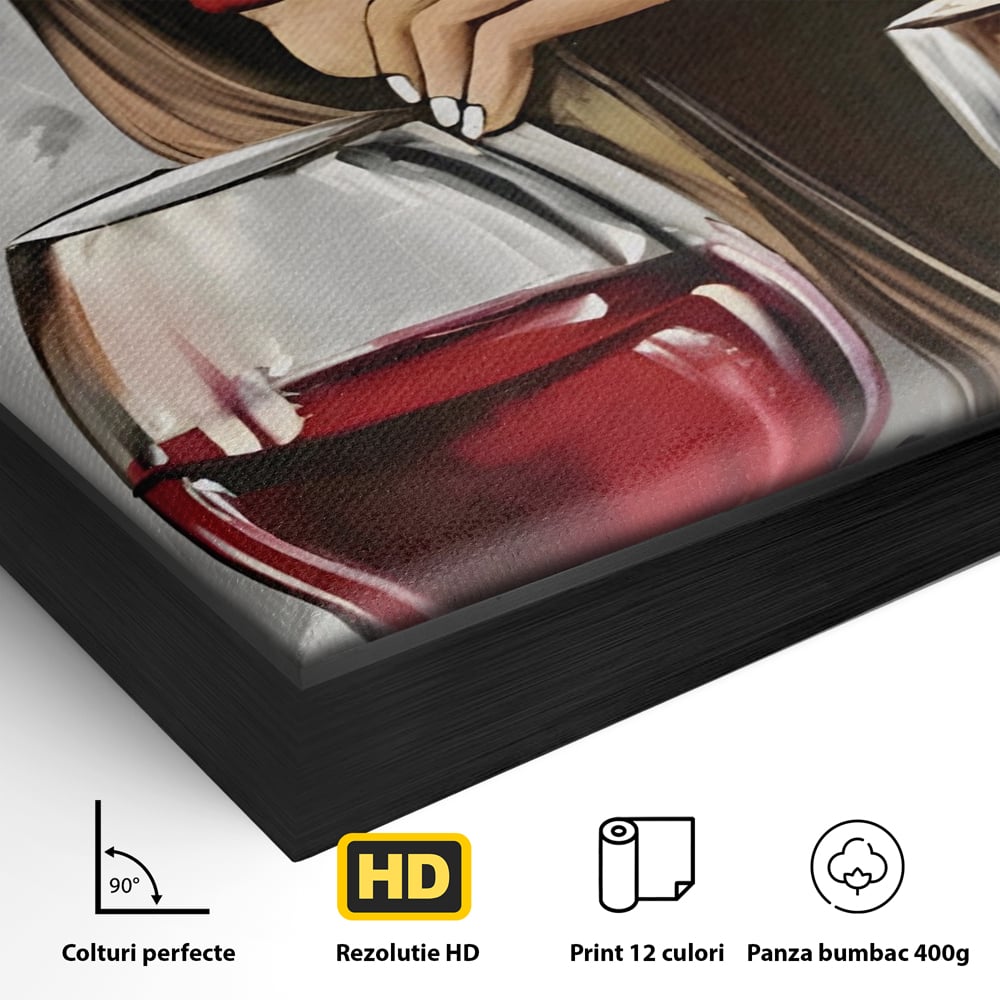 Detaliu al suprafetei: tablou canvas cu femeie si vin rosu, in rama de aluminiu negru