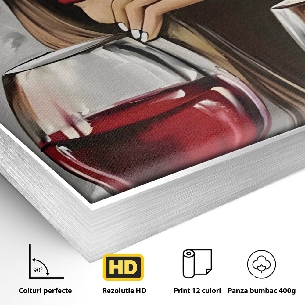 Detaliu al suprafetei: tablou canvas cu femeie si vin rosu, in rama de aluminiu argintiu