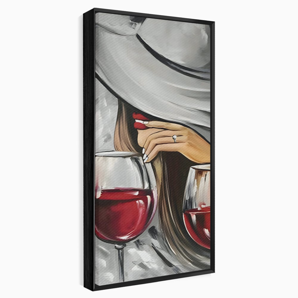 Tablou canvas cu tablou canvas cu femeie si vin rosu, in rama de aluminiu negru