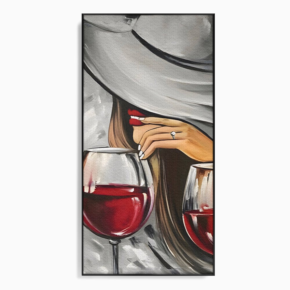 Tablou canvas cu tablou canvas cu femeie si vin rosu, in rama de aluminiu negru