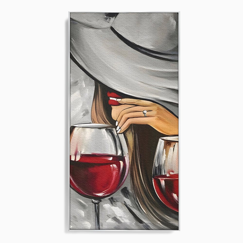 Tablou canvas cu tablou canvas cu femeie si vin rosu, in rama de aluminiu argintiu
