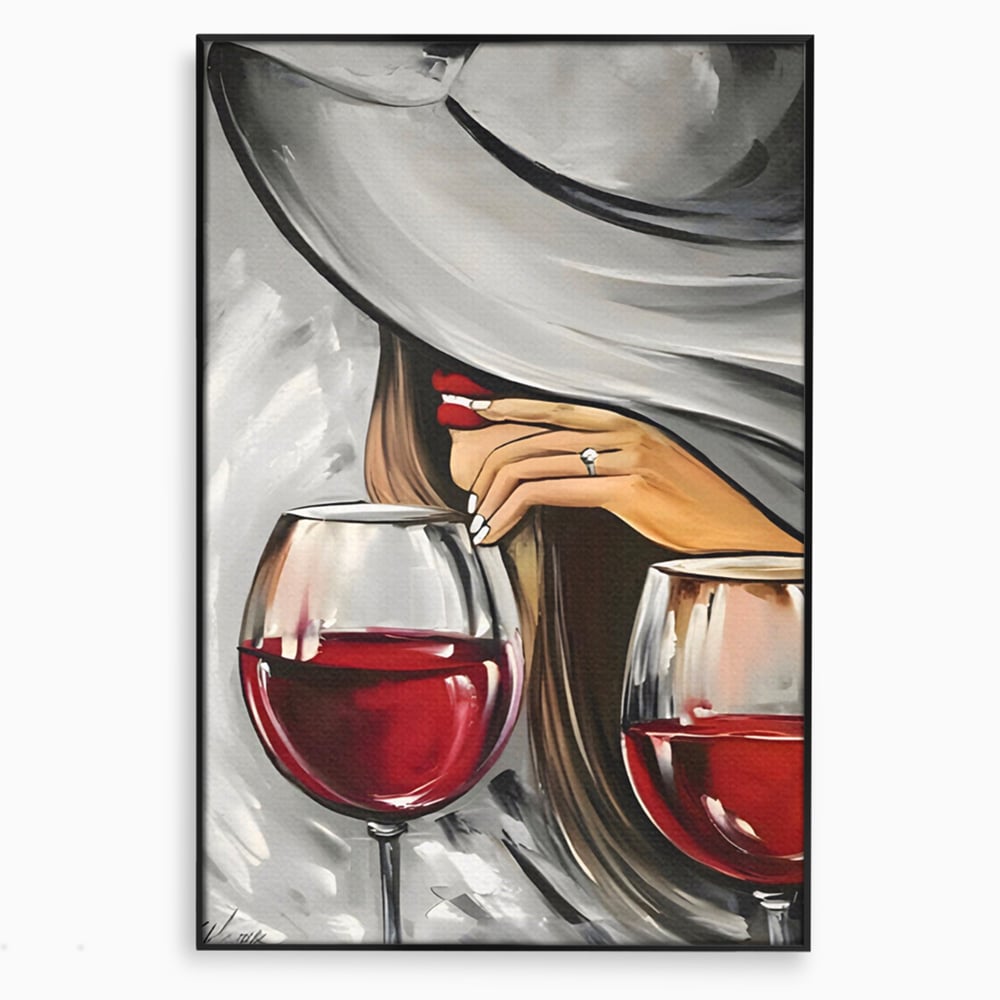 Tablou canvas cu tablou canvas cu femeie si vin rosu, in rama de aluminiu negru